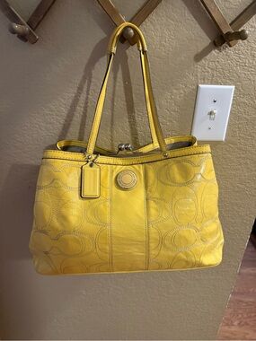 Coach Yellow Leather Signature Tote with Embossed Logo Circles